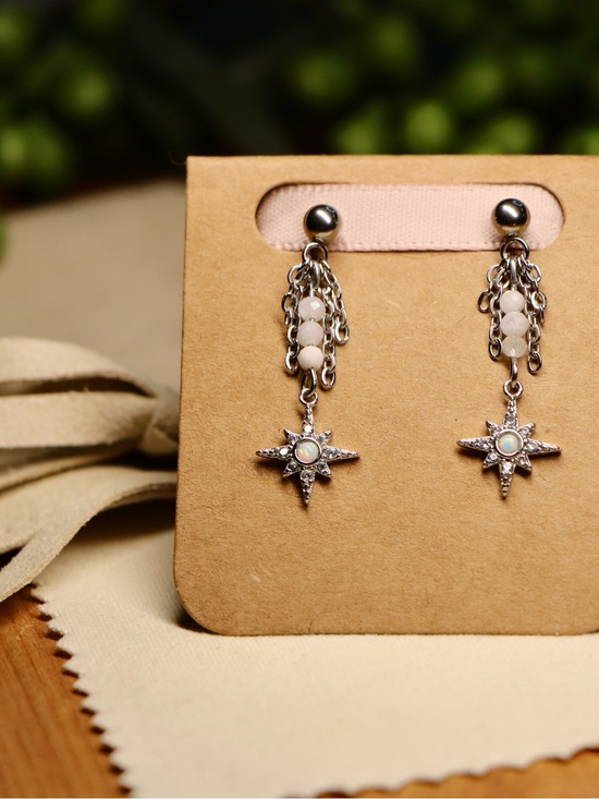 Jewelry - Silver Star Drop Earrings with White Opal accent and moonstone, Non Tarnish